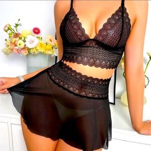 Sheer Lace Bralette & Waist Skirt - Black